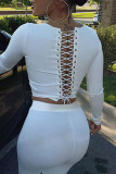 White Casual Solid Patchwork Frenulum Backless O Neck Long Sleeve Two Pieces
