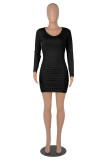 Yellow Fashion Casual Solid Fold O Neck Long Sleeve Dresses