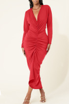 Red Casual Solid Split Joint Fold V Neck One Step Skirt Dresses