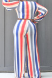 Pink Fashion Casual Striped Print Patchwork V Neck Long Sleeve Two Pieces