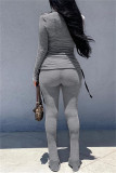 Grey Fashion Casual Solid Draw String O Neck Long Sleeve Two Pieces