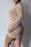 Green Sexy Solid Hollowed Out Patchwork Draw String Fold V Neck A Line Dresses