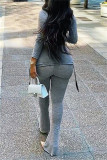 Grey Fashion Casual Solid Draw String O Neck Long Sleeve Two Pieces