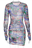Colour Fashion Sexy Print Tear O Neck Long Sleeve Dresses
