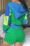Blue Fashion Casual Print Patchwork Zipper Hooded Collar Long Sleeve Two Pieces