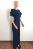The cowboy blue Fashion Casual Solid Backless O Neck Regular Jumpsuits