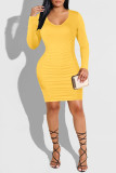 Yellow Fashion Casual Solid Fold O Neck Long Sleeve Dresses