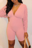 Pink Sexy Solid Patchwork Fold V Neck Regular Rompers