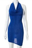 Blue Fashion Sexy Solid Backless Halter Sleeveless Irregular Dress