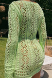 Green Sexy Solid Hollowed Out Patchwork Draw String Fold V Neck A Line Dresses