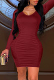 Yellow Fashion Casual Solid Fold O Neck Long Sleeve Dresses