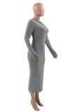 Grey Sexy Solid Patchwork Hooded Collar Irregular Dress Dresses