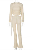 Grey Fashion Casual Solid Draw String O Neck Long Sleeve Two Pieces