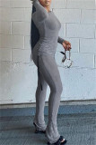 Grey Fashion Casual Solid Draw String O Neck Long Sleeve Two Pieces