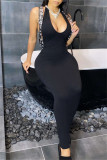 Black Fashion Sexy Solid Backless Halter Sleeveless Dress