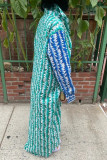 Cyan Fashion Casual Print Patchwork Turndown Collar Long Sleeve Dresses