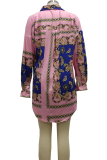 Blue Casual Print Patchwork Turndown Collar Long Sleeve Two Pieces