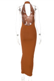 Brownness Fashion Sexy Solid Backless Halter Sleeveless Dress