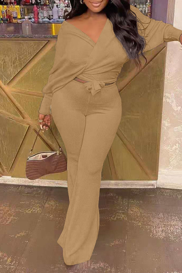 Khaki Casual Solid Bandage Patchwork V Neck Long Sleeve Two Pieces