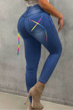 Medium Blue Street Solid Split Joint Frenulum High Waist Skinny Denim Jeans