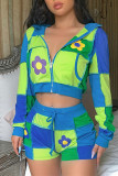 Blue Fashion Casual Print Patchwork Zipper Hooded Collar Long Sleeve Two Pieces