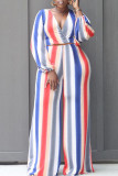 Pink Fashion Casual Striped Print Patchwork V Neck Long Sleeve Two Pieces
