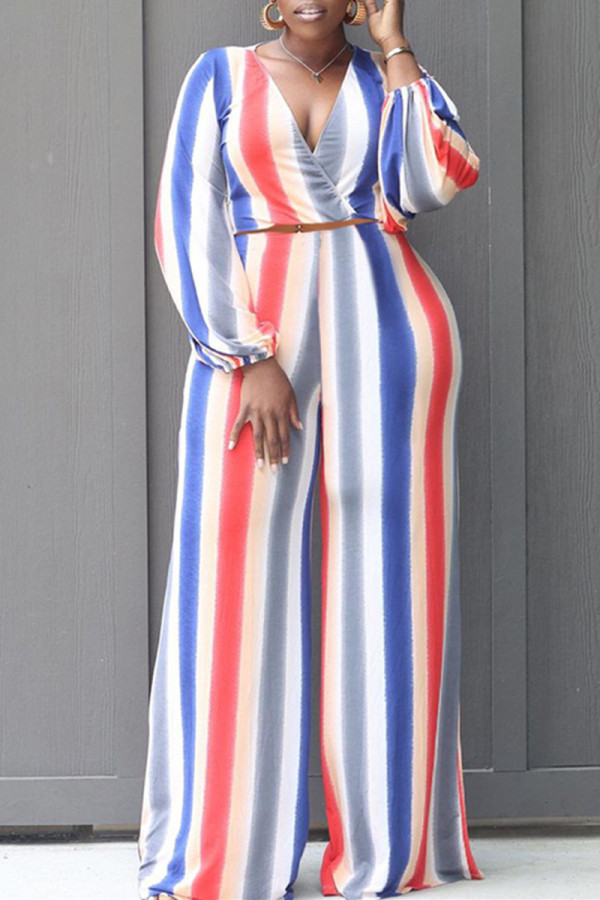 Pink Fashion Casual Striped Print Patchwork V Neck Long Sleeve Two Pieces