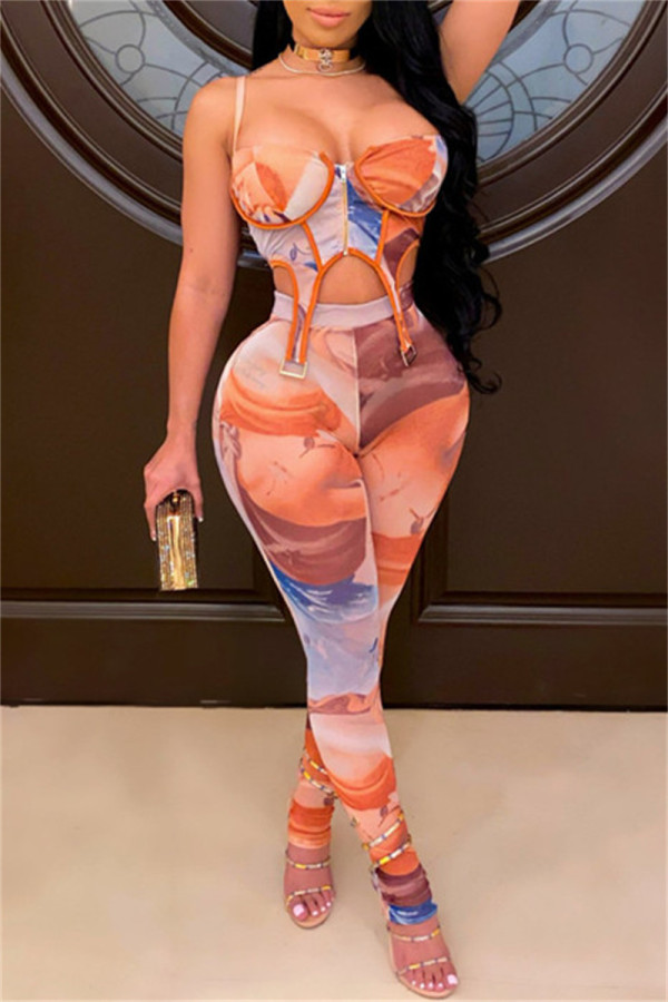 Orange Fashion Sexy Print Backless Asymmetrical Spaghetti Strap Sleeveless Two Pieces