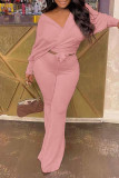 Pink Casual Solid Bandage Patchwork V Neck Long Sleeve Two Pieces