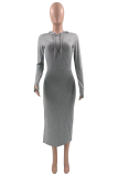 Grey Sexy Solid Patchwork Hooded Collar Irregular Dress Dresses