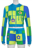Blue Fashion Casual Print Patchwork Zipper Hooded Collar Long Sleeve Two Pieces
