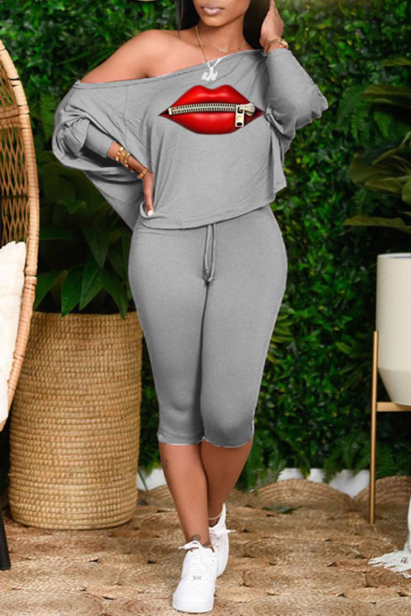 Grey Fashion Casual Print Patchwork Oblique Collar Long Sleeve Two Pieces