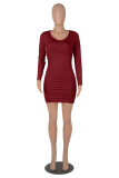 Yellow Fashion Casual Solid Fold O Neck Long Sleeve Dresses