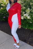 Red Sexy Solid Patchwork V Neck Skinny Jumpsuits