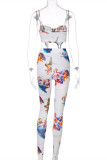 White Fashion Sexy Print Backless Asymmetrical Spaghetti Strap Sleeveless Two Pieces