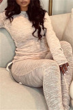 Grey Fashion Casual Solid Draw String O Neck Long Sleeve Two Pieces