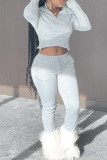 Gray White Fashion Casual Solid Basic Hooded Collar Long Sleeve Two Pieces