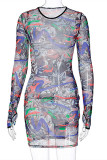 Colour Fashion Sexy Print Tear O Neck Long Sleeve Dresses