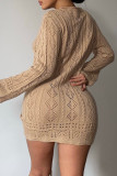 Green Sexy Solid Hollowed Out Patchwork Draw String Fold V Neck A Line Dresses