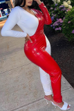 Red Sexy Solid Patchwork V Neck Skinny Jumpsuits