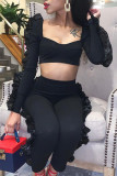 White Sexy Casual Solid Patchwork Square Collar Long Sleeve Two Pieces