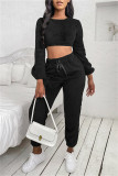 Apricot Fashion Casual Solid Basic O Neck Long Sleeve Two Pieces