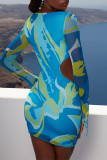 Blue Sexy Print Hollowed Out Patchwork U Neck Pencil Skirt Dresses
