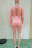 Pink Sexy Solid Patchwork Fold V Neck Regular Rompers