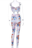 White Fashion Sexy Print Backless Asymmetrical Spaghetti Strap Sleeveless Two Pieces