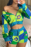 Blue Fashion Casual Print Patchwork Zipper Hooded Collar Long Sleeve Two Pieces