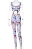 White Fashion Sexy Print Backless Asymmetrical Spaghetti Strap Sleeveless Two Pieces