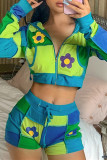 Blue Fashion Casual Print Patchwork Zipper Hooded Collar Long Sleeve Two Pieces