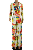Multicolor Casual Print Patchwork Turndown Collar Long Sleeve Two Pieces