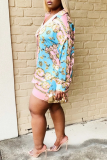 Blue Casual Print Patchwork Turndown Collar Long Sleeve Two Pieces